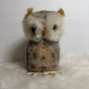 Steiff Owl Wiggi Plush Stuffed Germany Silver Button Vintage Grey Spotted